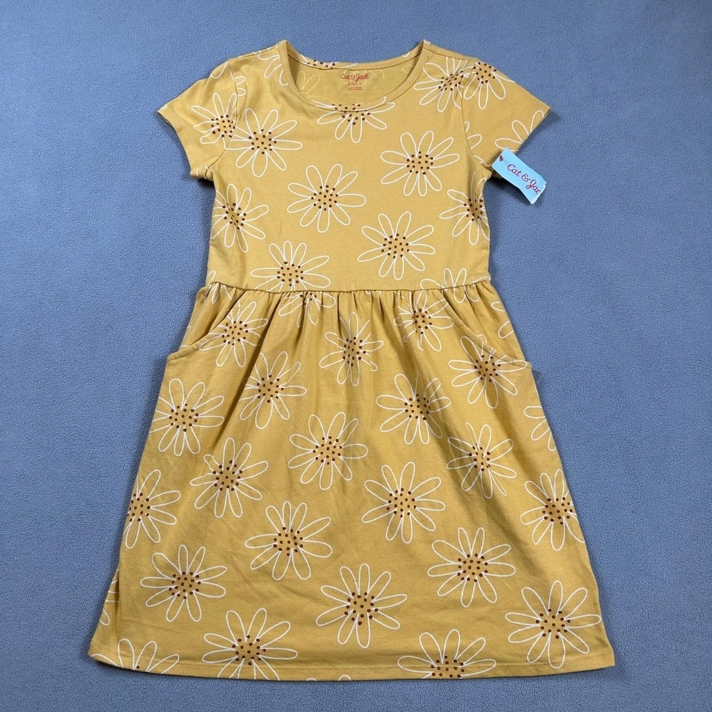 Cat & Jack Girls Mustard Yellow Daisy Floral Short Sleeve Pocket Dress L 10/12